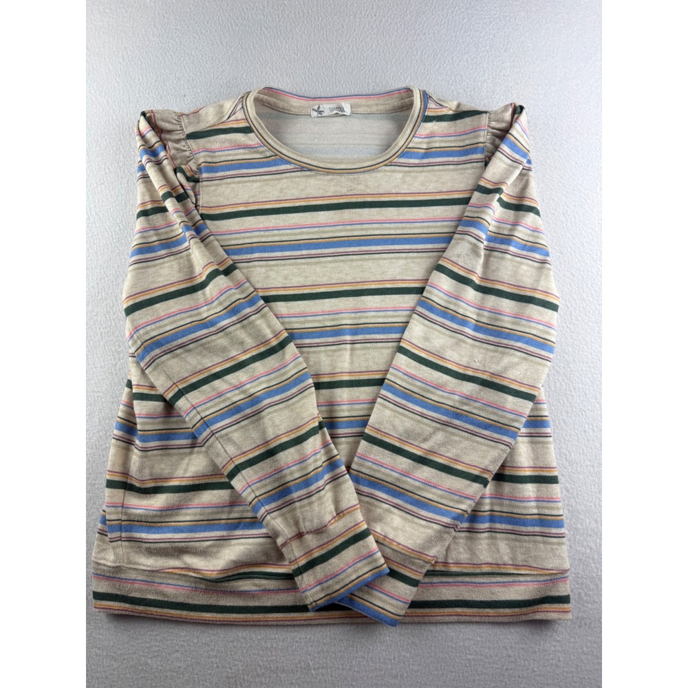 Carve Designs Women's M Striped Puff Shoulder Knit Long Sleeve Top Beige Multi